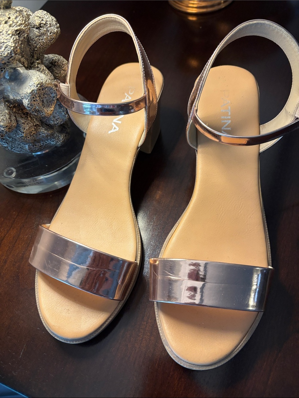 Women's Metallic Rose Gold Block Heel Sandals with Ankle Strap
